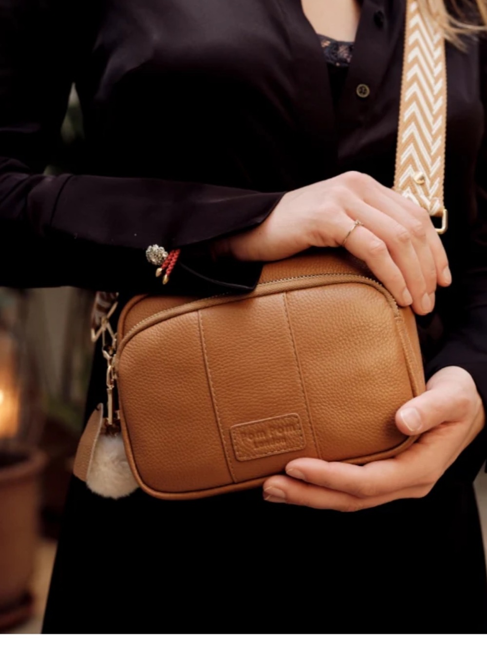 Pom Pom London Leather Crossbody Bag in Brown with Cream Strap